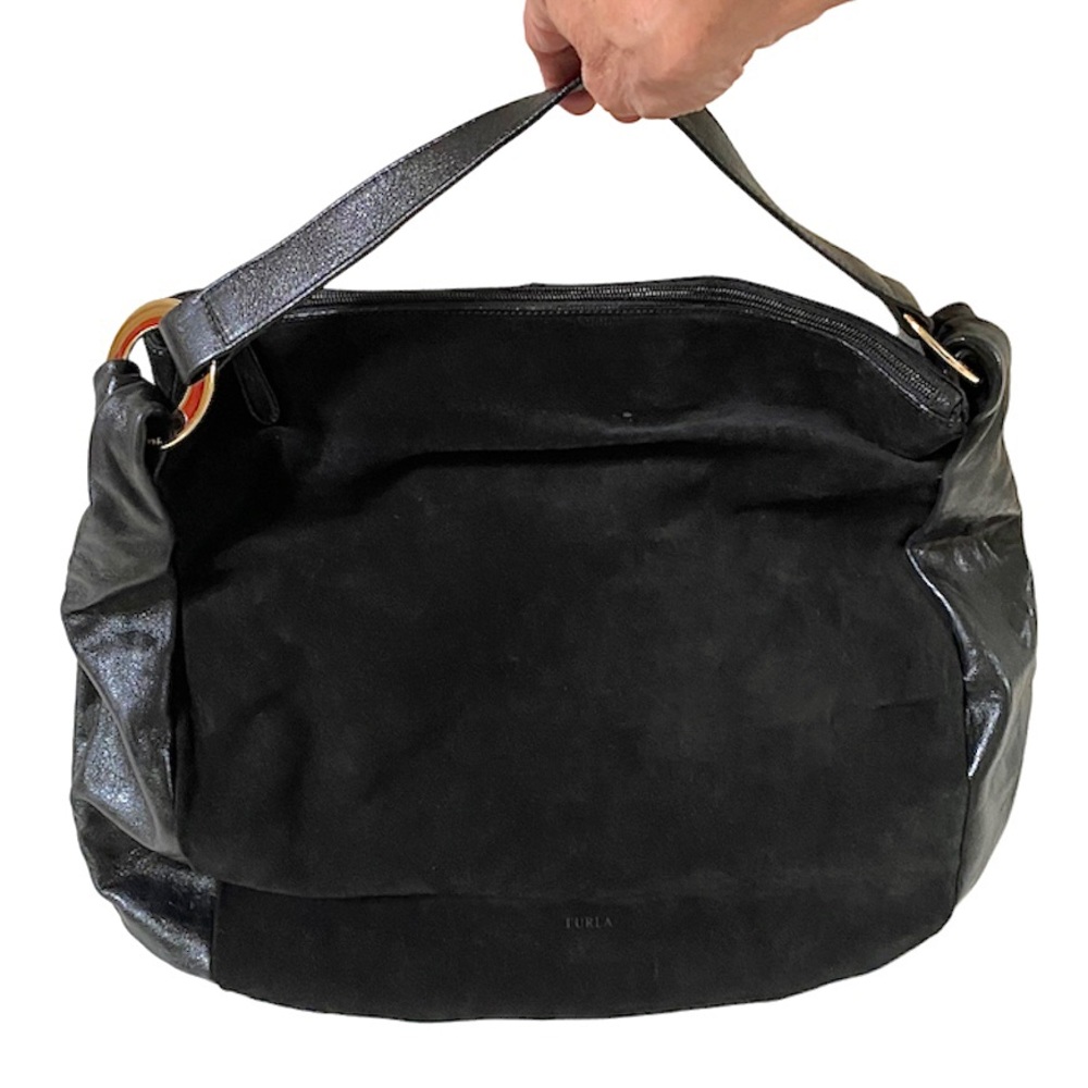VINTAGE FURLA LARGE SUEDE & LEATHER SLOUCHY HOBO TOTE - BLACK - MADE IN ITALY